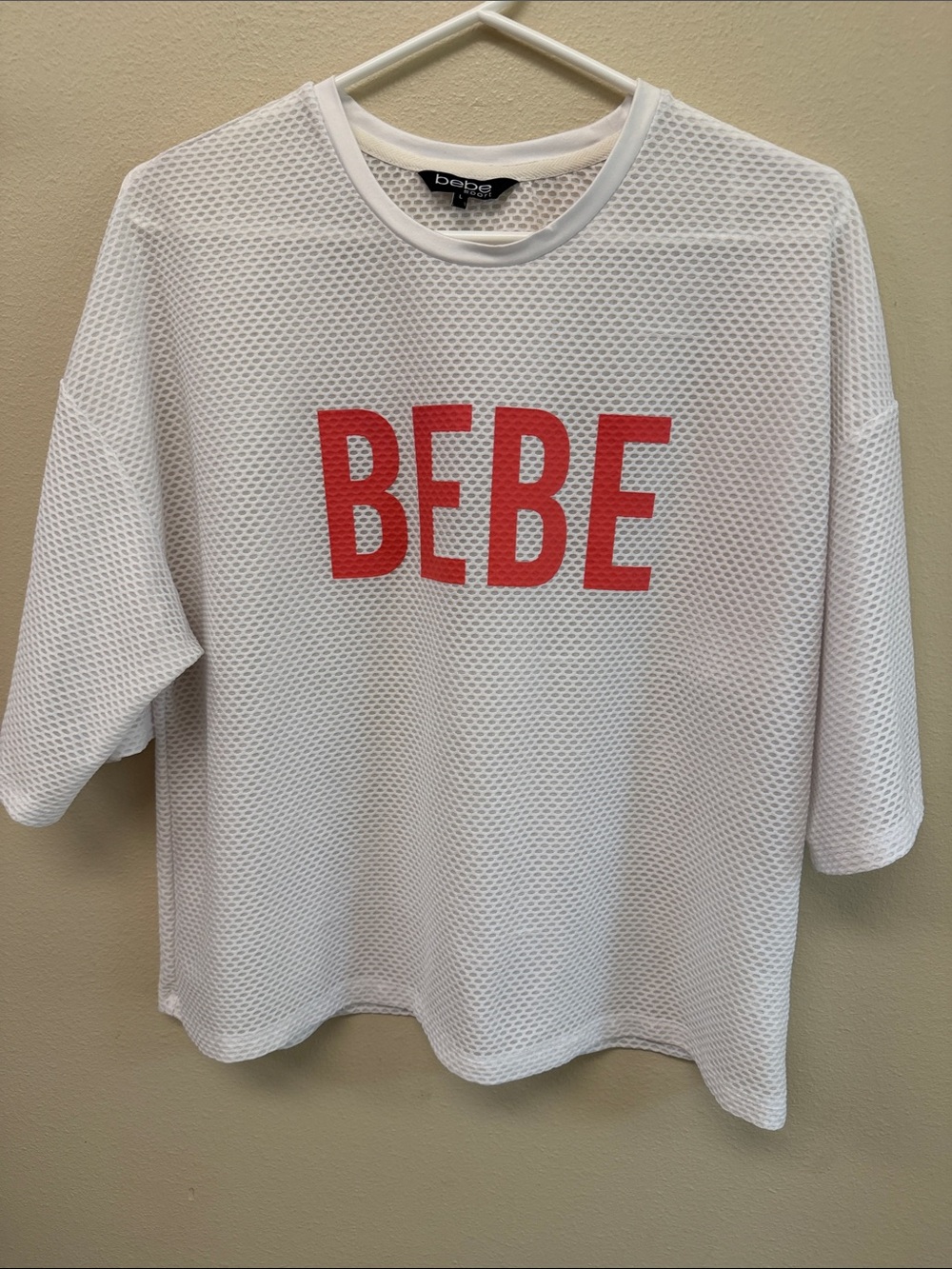 bebe White Mesh Tee with Pink Logo Print SzL